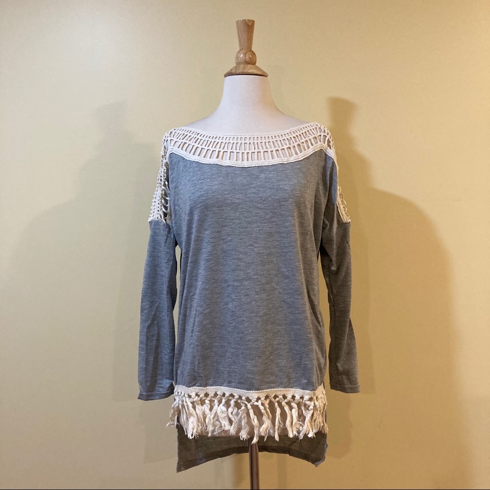 Crochet Lace Fringe Trim High Low Knit Top - Picture 3 of 6